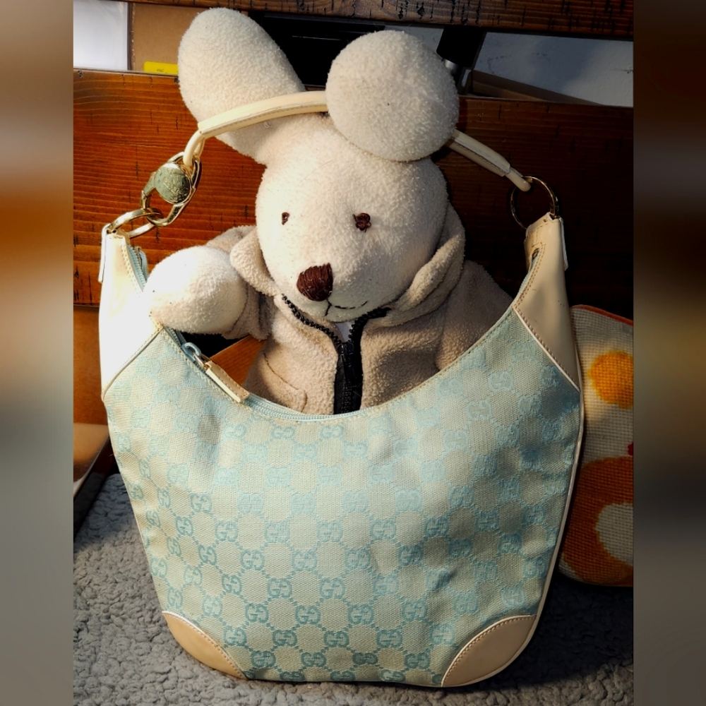 Gucci Web Light Blue and Cream Hobo Y2K Bag